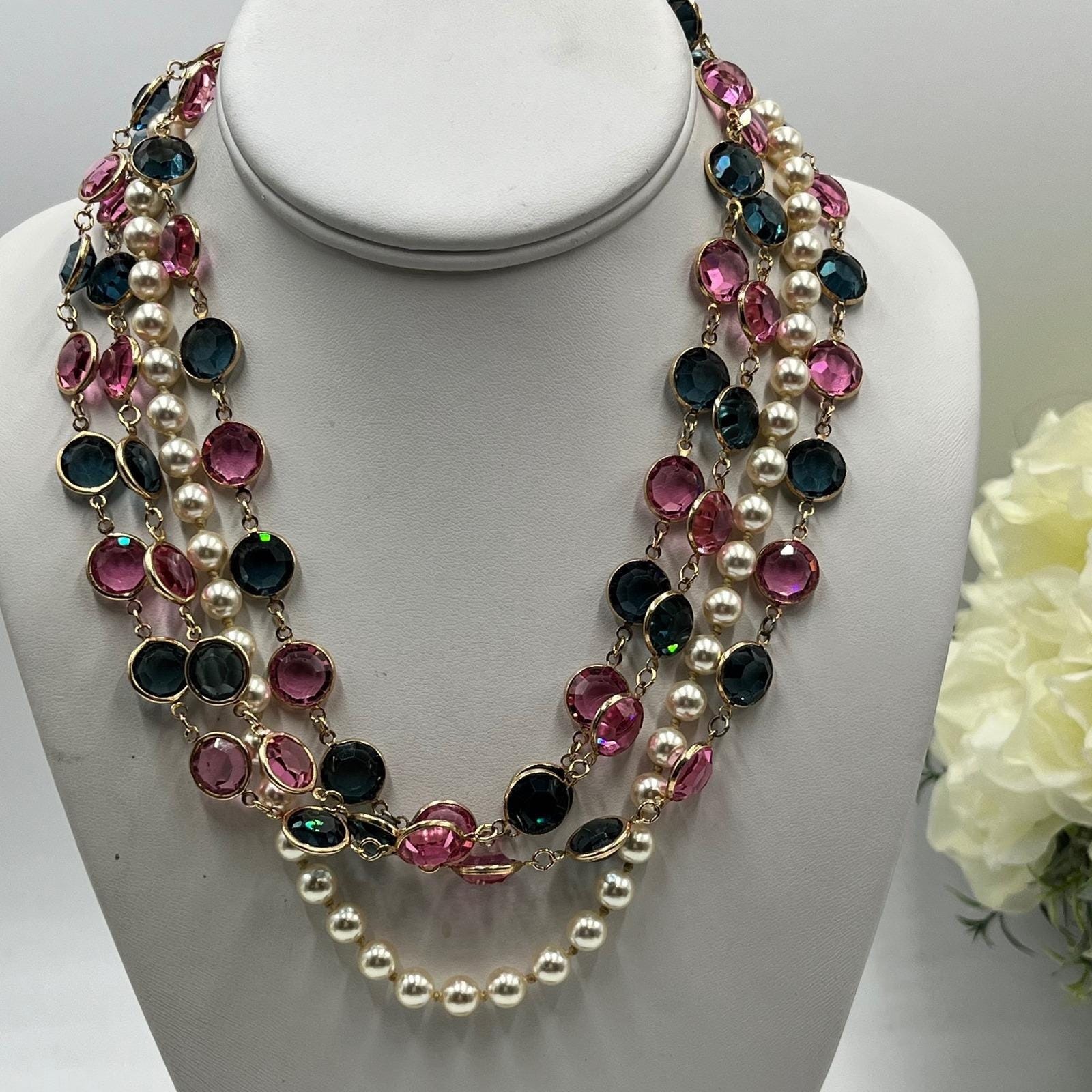 D.S. Co. Daniel Swarovski Vintage Triple Strand Pearl Pink Blue Crystal Necklace